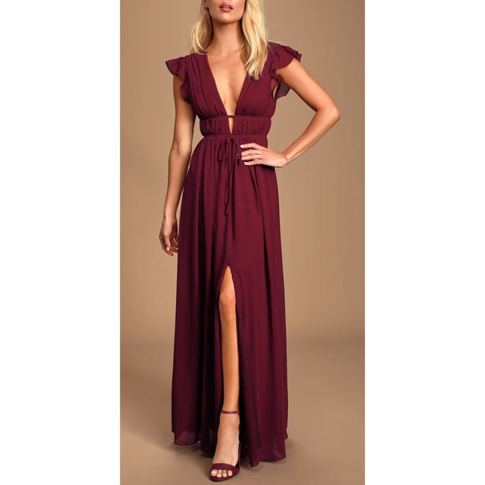 Lulus I'm All Yours Burgundy Ruffled Maxi Dress Size XS Bridesmaid Dress